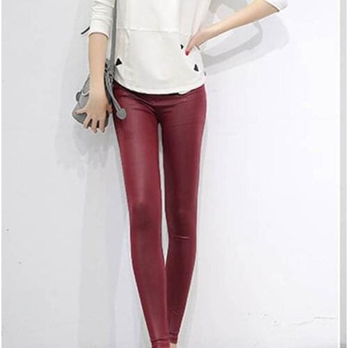 2021 Spring Womens Trousers Simulation Leather Slim Elastic Comfortable Thin Womens Pants Fashion Solid Color Casual Pants