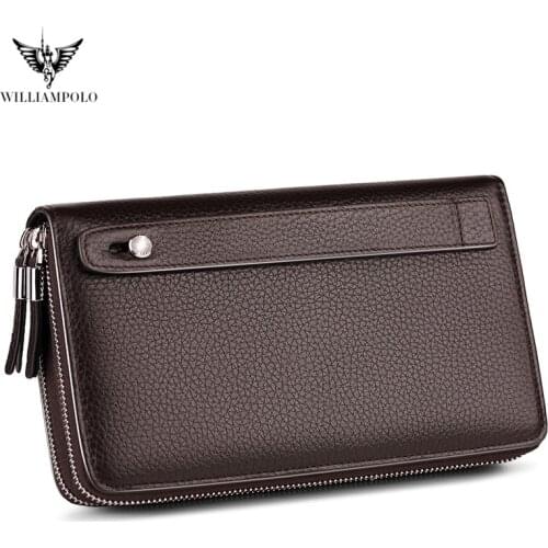 WilliamPOLO Leather Vintage Solid Clutch Men Bag for wallet Phone Cases Brand Mens Wallet Double Zipper Genuine Leather Bag NEW