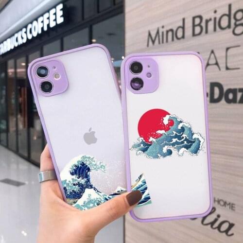 Japan Waves Phone Case For iPhone 12 11 Mini Pro XR XS Max 7 8 Plus X Matte transparent Purple Back Cover