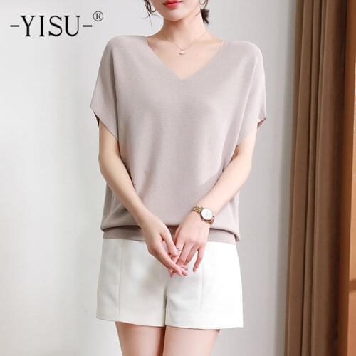 YISU 2021 Summer Women Long sleeve T-shirt Solid color V-Neck Knitted pullove Women tops Casual Loose Jumper Thin section