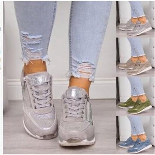Women Spring Platform Casual Shoes PU Plus Size Crytal Round Toe Fashion Lace Up Zipper Ladiesw Flat Sport Shoes
