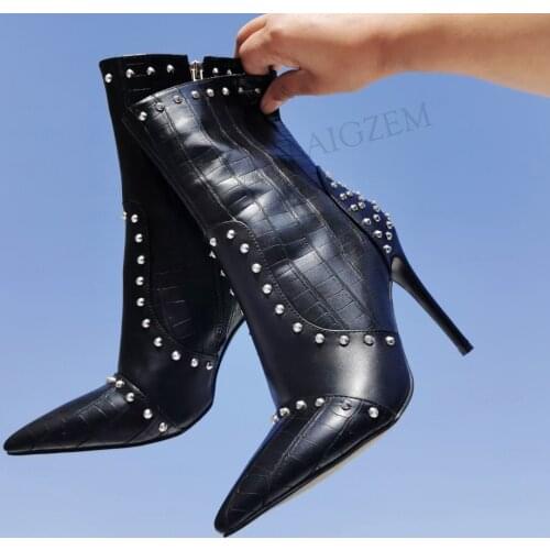 BERZIME SUPER Ankle Boots Studded Pointy Toe Side Zip Black Stiletto High Heels Booties Ladies Shoes Woman Large Size 39 45 47