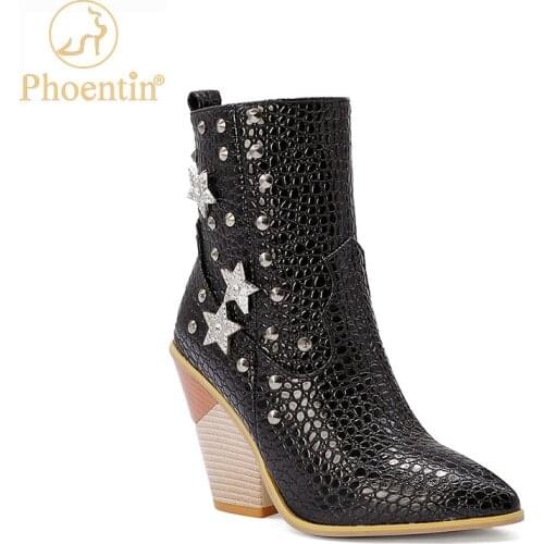 Phoentin Cowboy boots black wedge shoes rivet womens heel boots 10cm wedges heels pointed toe large size shoes FT1030