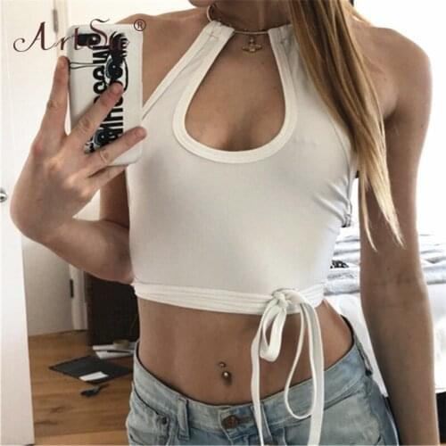 ArtSu Women Sexy Club Tops U-Neck Summer Sleeveless Halter White Bandage Crop Top Streetwear 2021 New Female Backless Tank Top