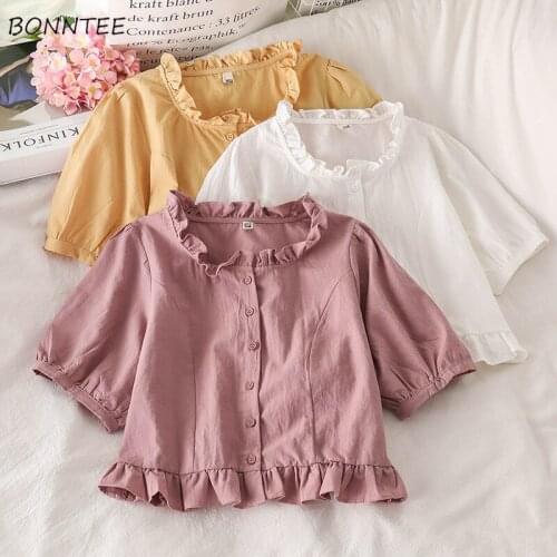 Puff Sleeve Shirts Women Soft Edible Tree Fungus Solid Elegant Sweet Girls Preppy Style Chiffon Casual Design Popular Teens Ins