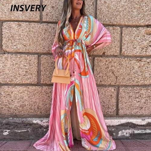 New Vintage Dress Women Elegant V Neck Long Dress Boho Split Up Lace Up Party Dresses For Women Fashion Beach Dress 2021