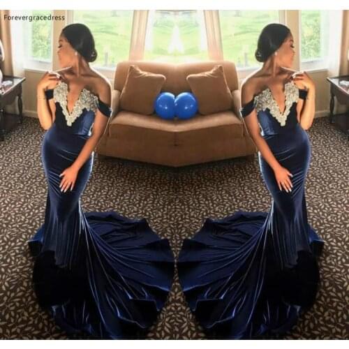 2019 Velvet African Prom Dress Mermaid V Neck Appliques Formal Holiday Wear Party Gown Custom Made Plus Size