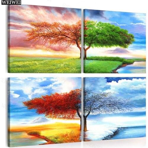 Embelish 4 Panels Wall Art Posters Four Seasons Trees Landscape Modular Pictures Home Decor Hd Canvas Painting for Living Room