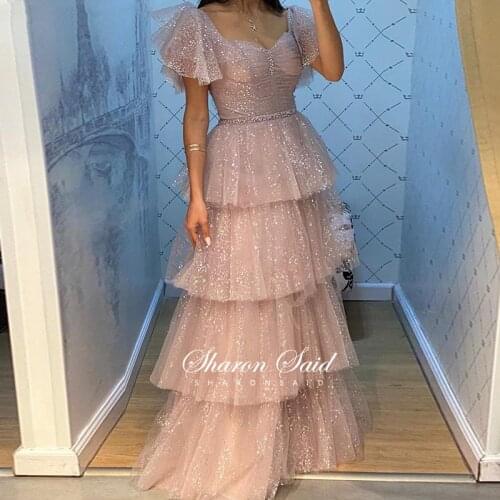 Glitter Sequins Pink Tulle Evening Dress Arabic Cap Sleeve Tiered Ruffles Long Prom Formal Dress for Women Wedding Party Gowns