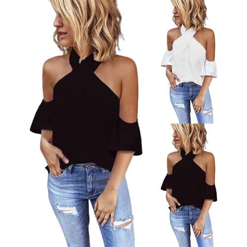 Plus Size 4XL Blouse Women Top Summer 2020 New Fashion Cold Shoulder Ruffled Sleeve Criss-cross Halter T-shirt Blouse