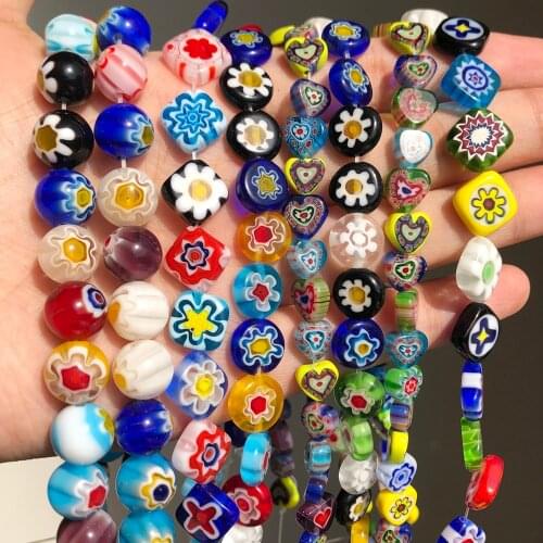 6/8/10/12mm Mixed Fashion Millefiori Flower Heart Lampwork Glass Beads for Jewelry Making Necklace Bracelet DIY Accessories