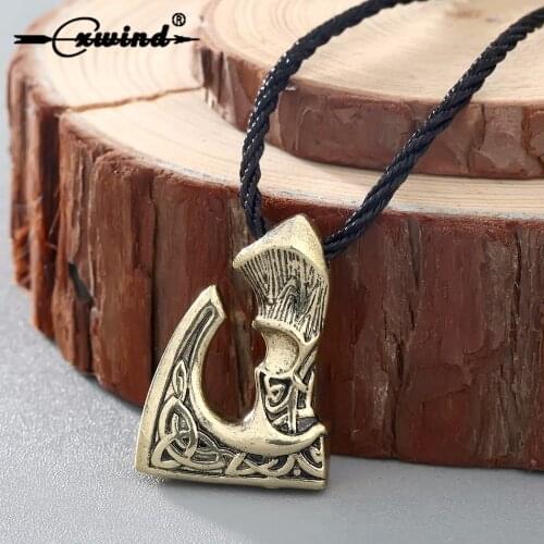 Cxwind Retro Slavic Perun Big Axe Pendant Necklace in Bronze Color Jewelry Viking Knot Necklaces Rope Chain for Men Gift