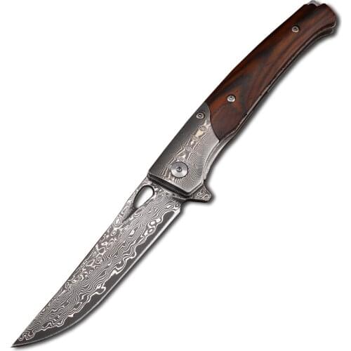 Damascus Steel Sandalwood Handle Outdoor Rock Climbing Folding Camping Survival High Hardness EDC Practical Knife