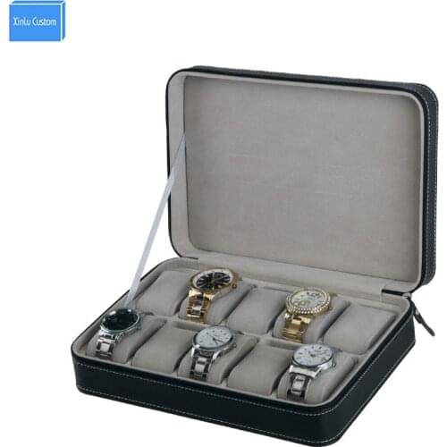 Special for Travel Portable Sport Protect 10 Grids Leather Zippered Wristwatch Box Case Black Pu Velvet Zipper Storage Bag Box