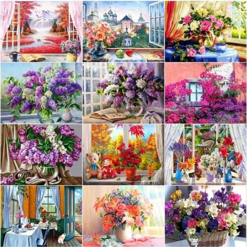 GATYZTORY Picture By Numbers Flower For Adults Children 60x75cm Frame Unique Gifts Window Landcape Paint Kits Modern Home Wall D