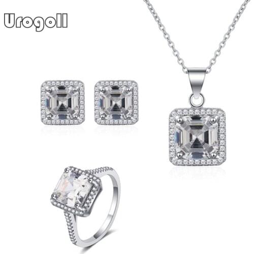 Fashion Pure 925 Sterling Silver Bridal Square Jewelry Sets Luxury Necklace Earring Ring For Women Engagement Silver 925 Jewelry