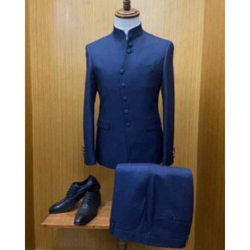 New Arrival Stand Collar Blue Wedding Men Suits Costume Homme Party Prom Slim Fit Tuxedo Groom Terno Masculino Blazer 2 Pcs