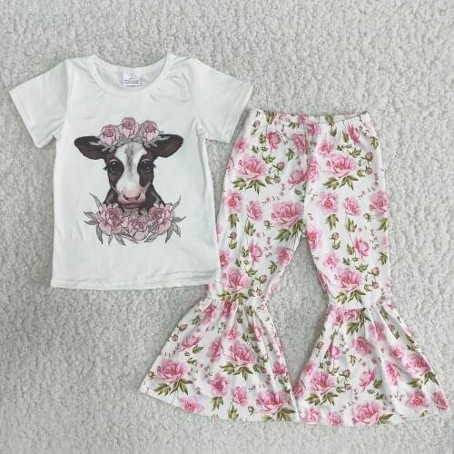 New Arrival Toddler Girl Spring T-Shirt Clothes Babys Cows And Flowers Print Top Bells 2Pieces Set