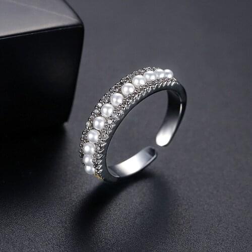 Luxury Female White Crystal Stone Ring Charm Silver Color Pearl Wedding Rings For Women Promise Open Adjustable Engagement Ring
