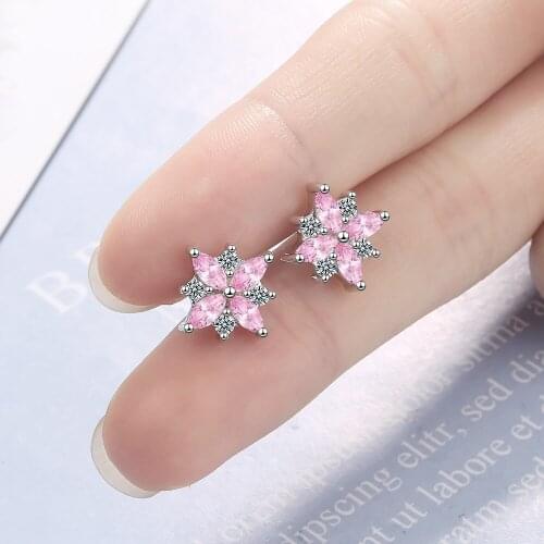 Korean Small Pink Cubic Zirconia Flower Cherry 925 Sterling Silver Stud Earrings For Women Sweet Cute Girl Minimalist Jewelry