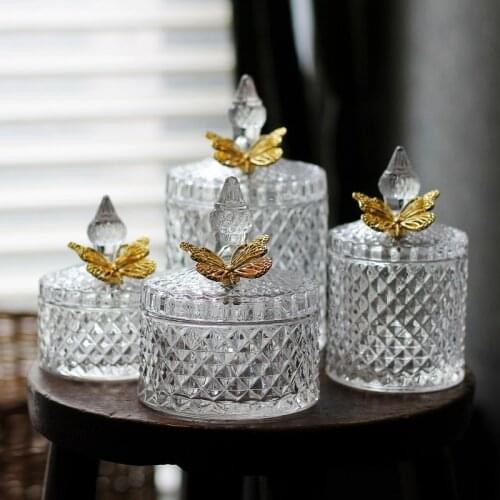 Glass Storage Jar with Feather Lid / Butterfly Decoration Diamond Design Jewelry Jar Storage Box Dustproof Cosmetic Box