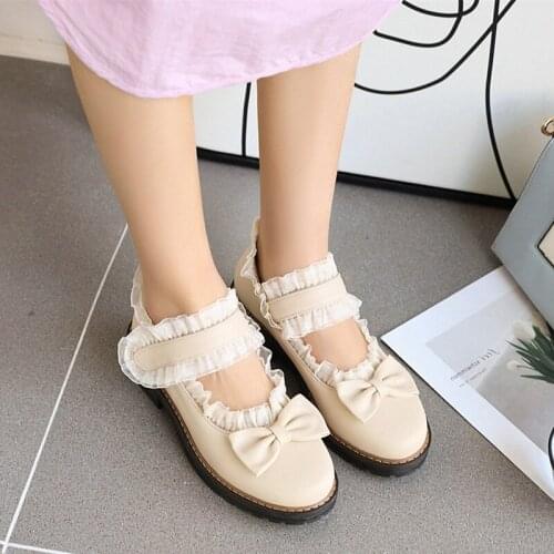 Summer princess sweet lolita shoes cute student daily bowknot leather shoes round head thick heel women shoes cosplay loli