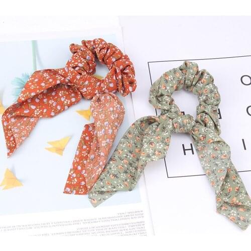 Printed Knotted tails Hair Scrunchie Chiffon Elastic Hair Band For Women Hair Scarf Bows Rubber Ropes Hair Ties Hair Accessory