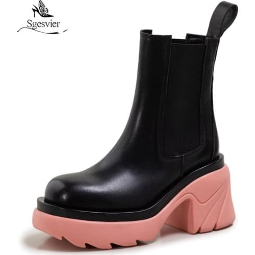 Sgesvier Plus Size 34-42 Genuine Leather Chelsea Boots Women Slip On Thick Bottom Platform Boots Ladies Ankle Boots Female Shoes