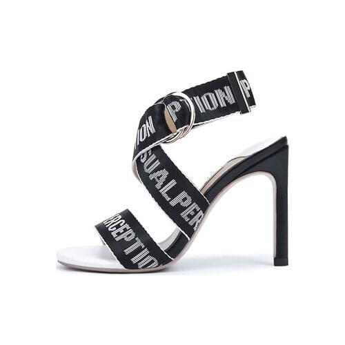 Sandalias Mujer 2019 Letter Ribbon Sandals Sexy Red Blank Summer Shoes Metal Buckle Runway Stiletto Designer Bridal Party Shoes