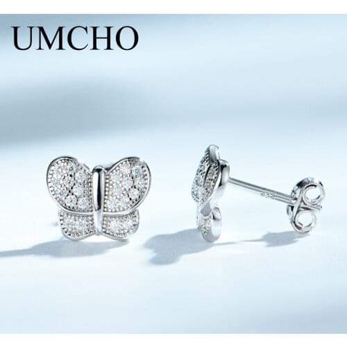 UMCHO Clear Stone Butterfly Silver Stud Earrings 925 Sterling Silver Earrings For Women Romatic Wedding Gift Fine Jewelry