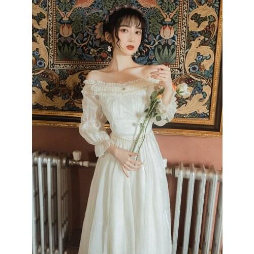 Fairy Dress Women French Vintage Slash Neck Dresses Spring 2021 New Flare Sleeve Lovely Ruffled Sweet Elegant White Dress Female
