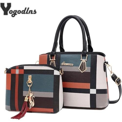 2pcs/set Casual Plaid Shoulder Bag Fashion Stitching Design Messenger Brand Female Totes Crossbody Bags Women PU Leather Handbag