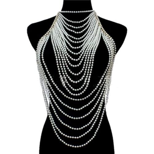Sexy pearl shoulder chain jewelry handmade beaded woman body chain black beads long necklace chain wholesale