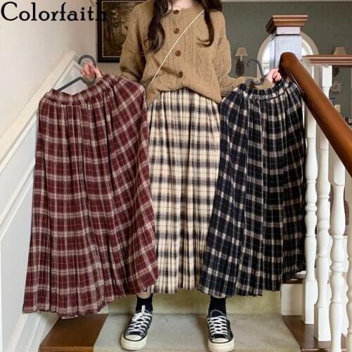 Colorfaith New 2020 Autumn Winter Women Skirt In A Cage Plaid Pleated Flared Vintage High Waist Checkered Maxi Skirt SK33119