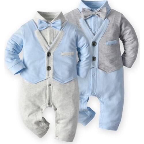 Gentleman Bow Tie Baby Romper Long Sleeve Solid Color Fake Two-piece 2021 Newborn Boy Clothes Girls Outfit Onesize Pajamas Kid
