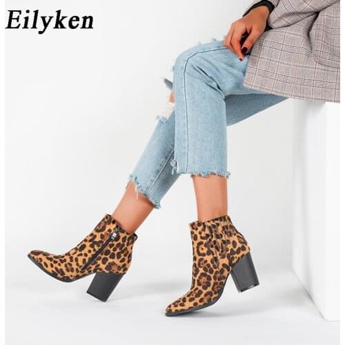 Eilyken High Quality 2021 Autumn Winter Ankle Boots for Women Leopard Print Pointed Toe Side Zip Square Heels Ladies Shoes