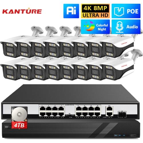 KANTURE H.265 16CH 4K Ultra HD NVR kit 8MP POE CCTV Security Camera System 4K Indoor Outdoor CCTV Video Surveillance Kit Onvif