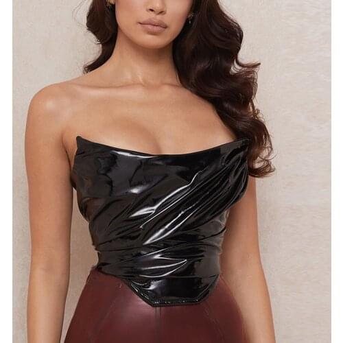 Leather Corset Top 2 Layer Stretch Zipper Strapless Ruched y2k Crop Top Black Bustier Women Party Sexy Club Outfits 2020
