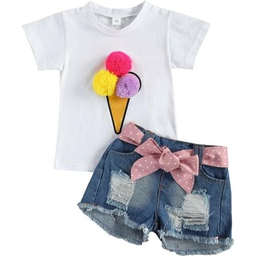 2021 toddler girl summer clothes ice cream ball white short sleeve t shirt + hole hollow out denim jeans shorts pant bow belt