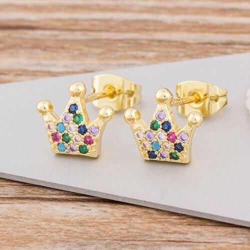 Gold Color Crystal Small Stud Earrings For Ladies Women Crown Earrings Jewelry Birthday Gift Wedding Party Statement Jewelry