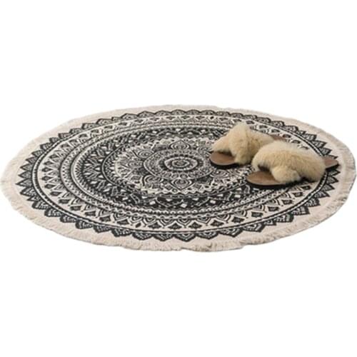 Morocco Round Carpet Bedroom Boho Style Tassel Cotton Rug Hand Woven National Classic Tapestry Sofa Cushion Tatami Floor Mats-Bl