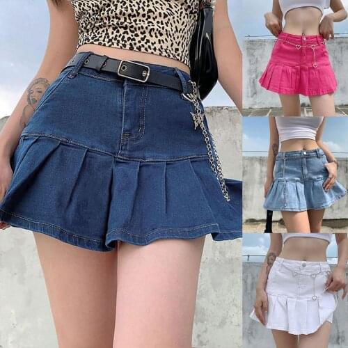 Petite Set 2021 New Womens Age-Reducing Mini Skirt High Waist Pleated Denim Women Solid Color Stretchy A Line Skirt for Party