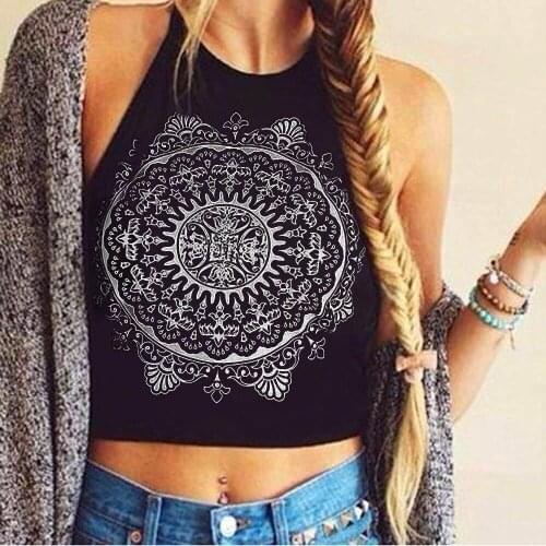 Fashion White Black Women Backless Camis Sexy Cropped Tops Mandala Printed Sleeveless Halter Neck Tank Crop Tops Vest T Shirt