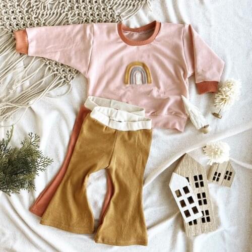 1-6Y Fashion Toddler Baby Girls Clothes Sets Autumn Rainbow Embroidery Long Sleeve Pullover Tops Flare Pants 2pcs