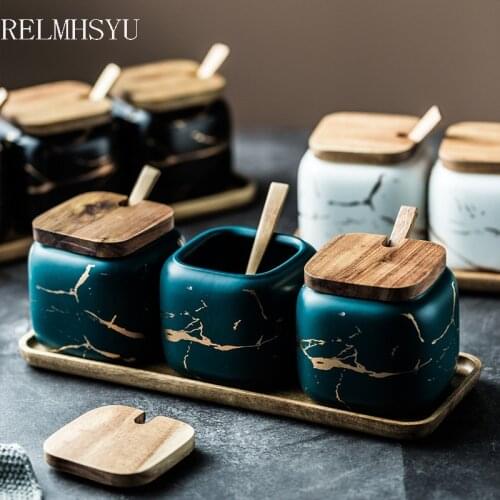 RELMHSYU Nordic Style Matte Marbled Ceramic Jar Oil And Salt Box Household Kitchen Condiment Bottle Set