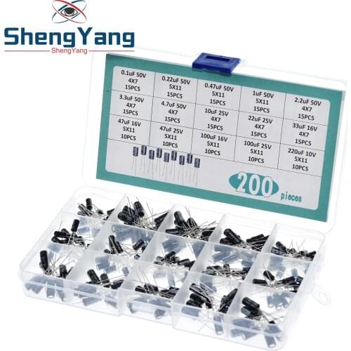 200pcs/lot Radial capacitors set 15Values 0.1uF-220uF Electrolytic Capacitor Assortment Kit 10V/16V/25V/50V capacitor pack