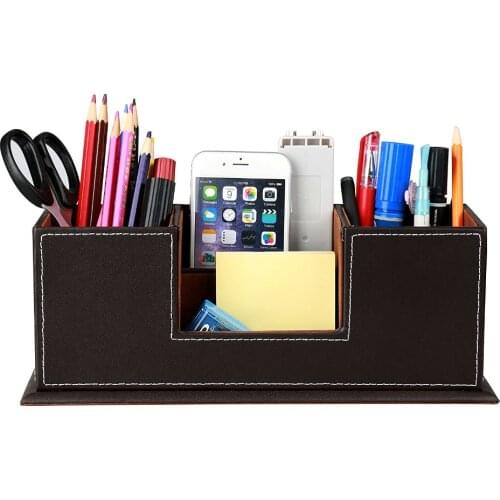 PU Leather Desktop Storage Box 4 Compartment Desk Organizer Card/Pen/Pencil/Mobile Phone/Remote Controller/Cosmetics Office