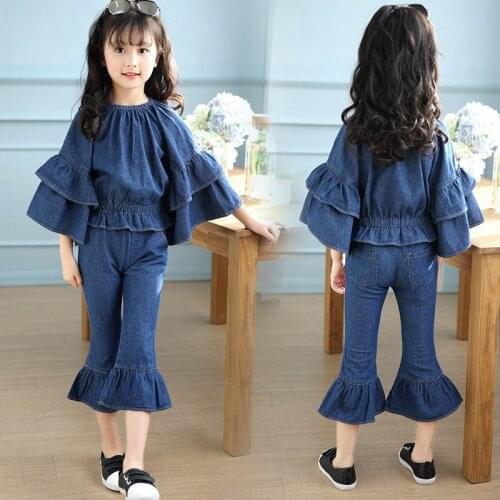 2017 Girls New Fashion Clothing Set,childrens Casual Wear Denim Sets T-shirt + Jeans Suits 4-14T Free Ship