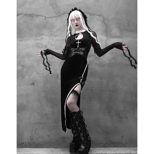 Original Dark Gothic Slim Cross Embroidery Hollow Out Neck Black Velvet High Slit Bodycon Sexy Punk Rave Long Dress Spring