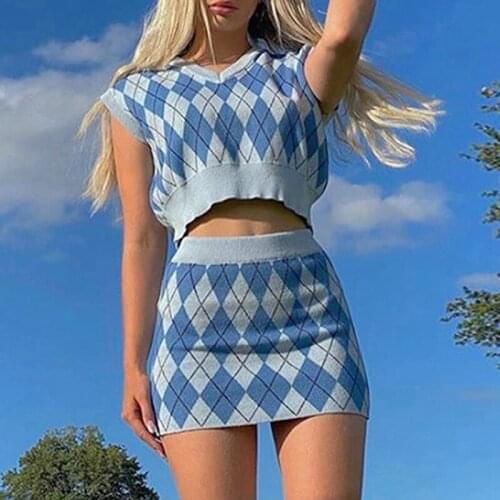 Autumn Check Pattern Sweater Top Skirts 2 Piece Sets for Women Basic Sweet College Style Street Casual Suits Female